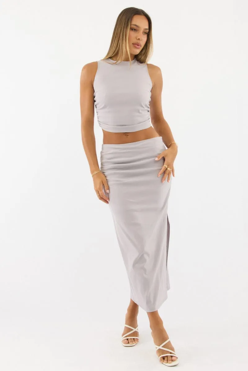Grey Gathered Midi Skirt High Rise Bengaline Split
