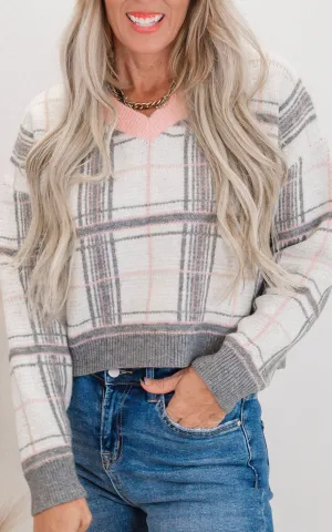 Heather Grey Plaid V-Neck Sweater** FINAL SALE