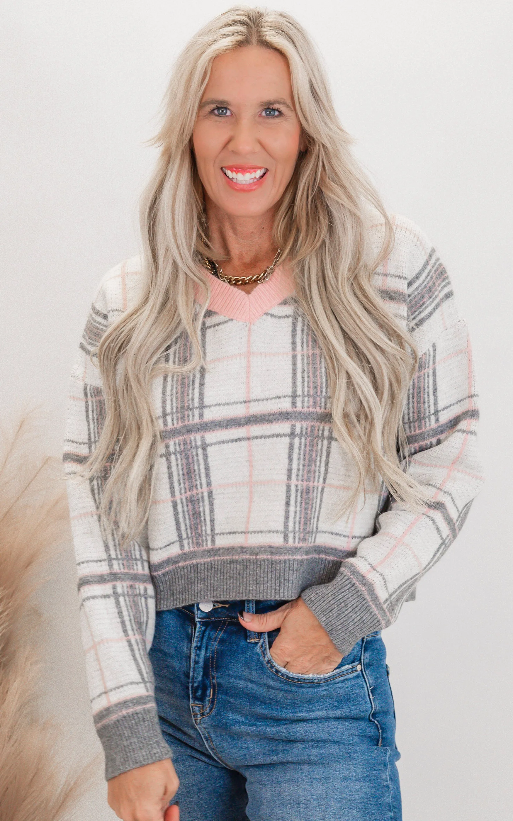Heather Grey Plaid V-Neck Sweater** FINAL SALE