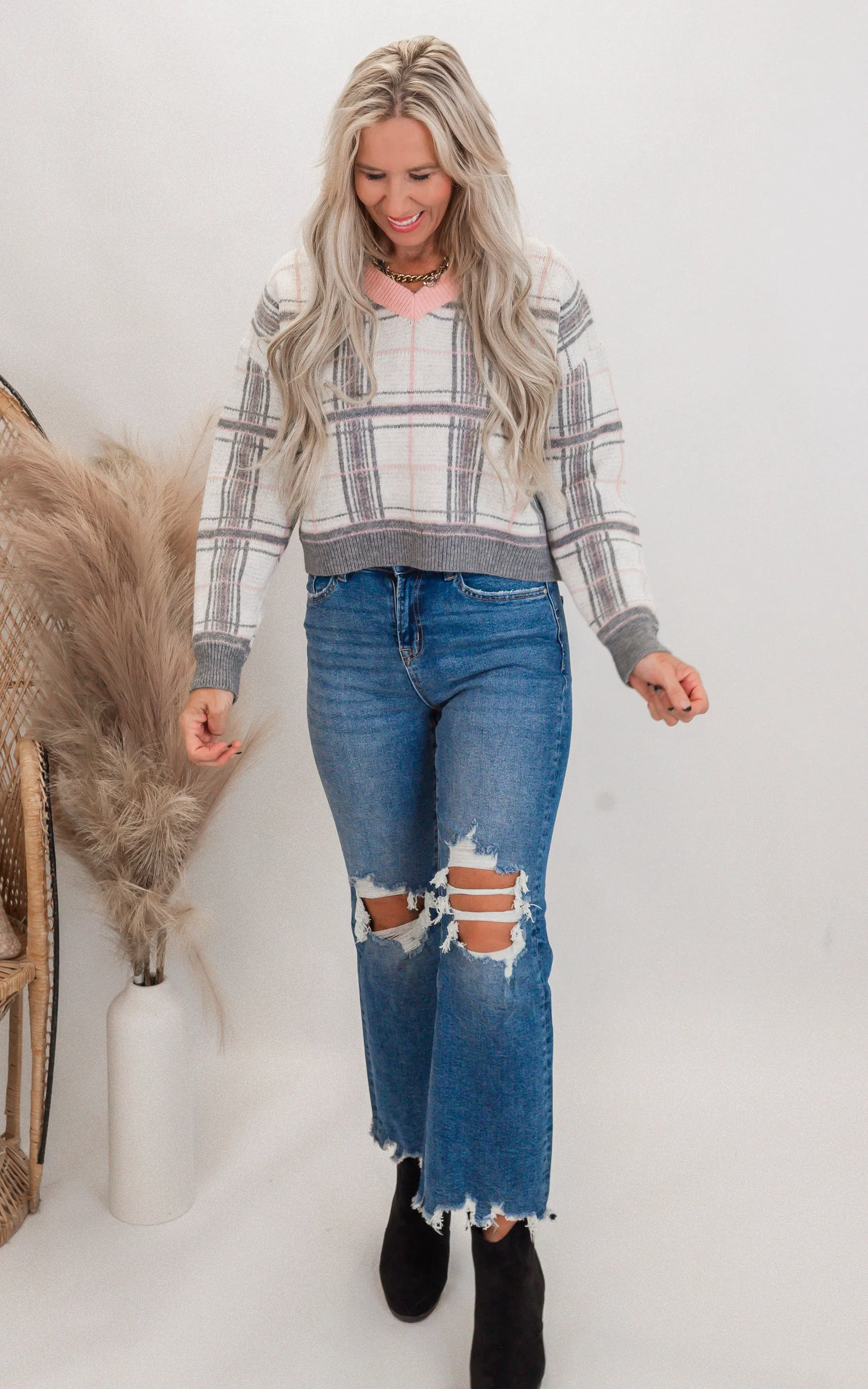 Heather Grey Plaid V-Neck Sweater** FINAL SALE