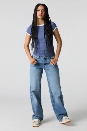 Jean rigide baggy d'aspect usé à taille basse avec poches