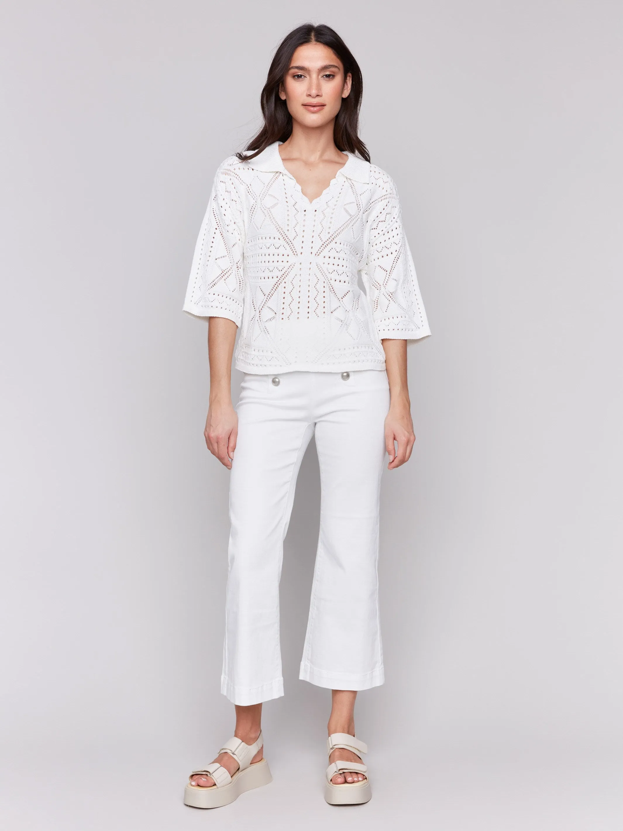 Johnny Collar Pointelle Sweater - White