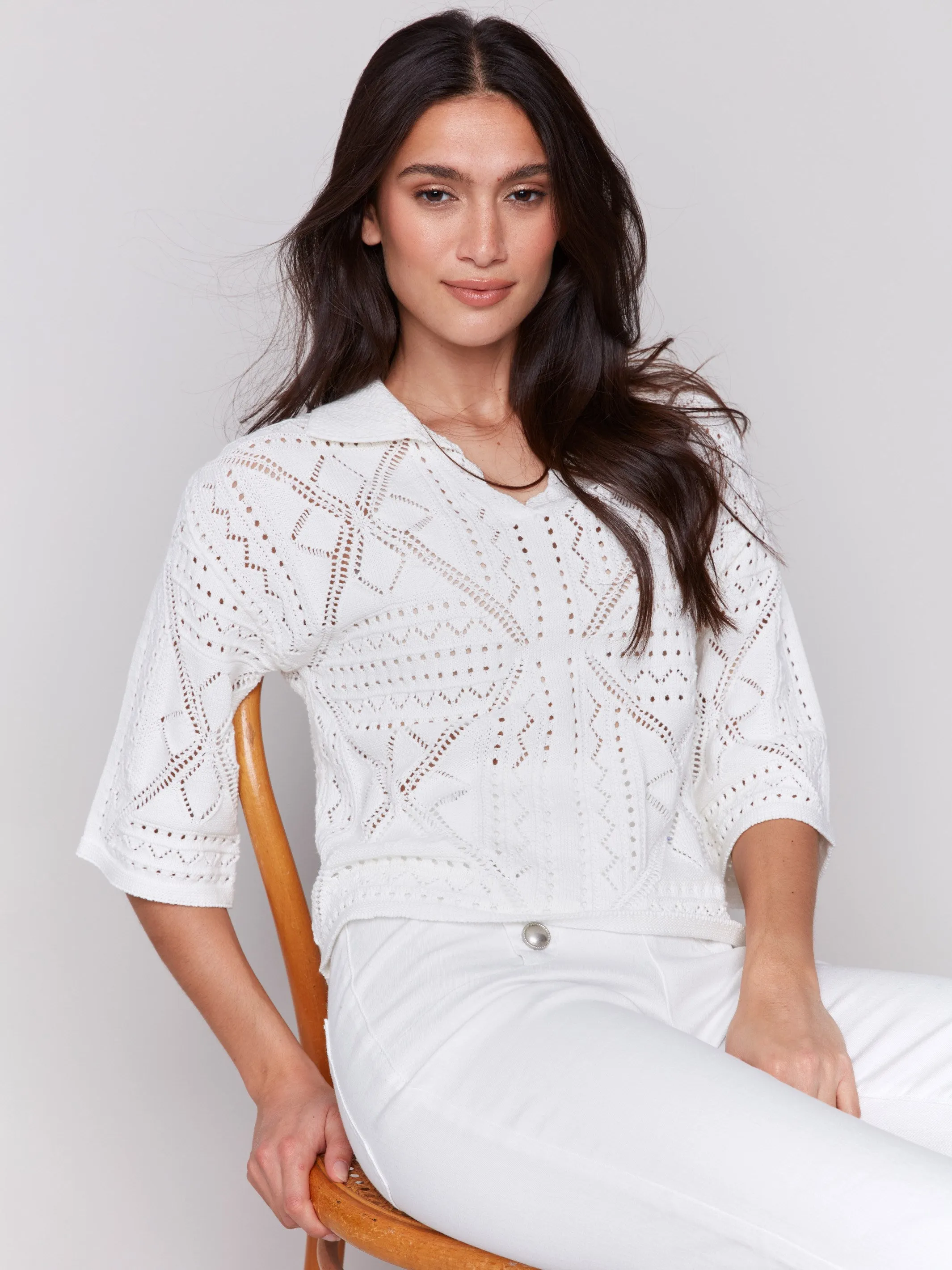 Johnny Collar Pointelle Sweater - White