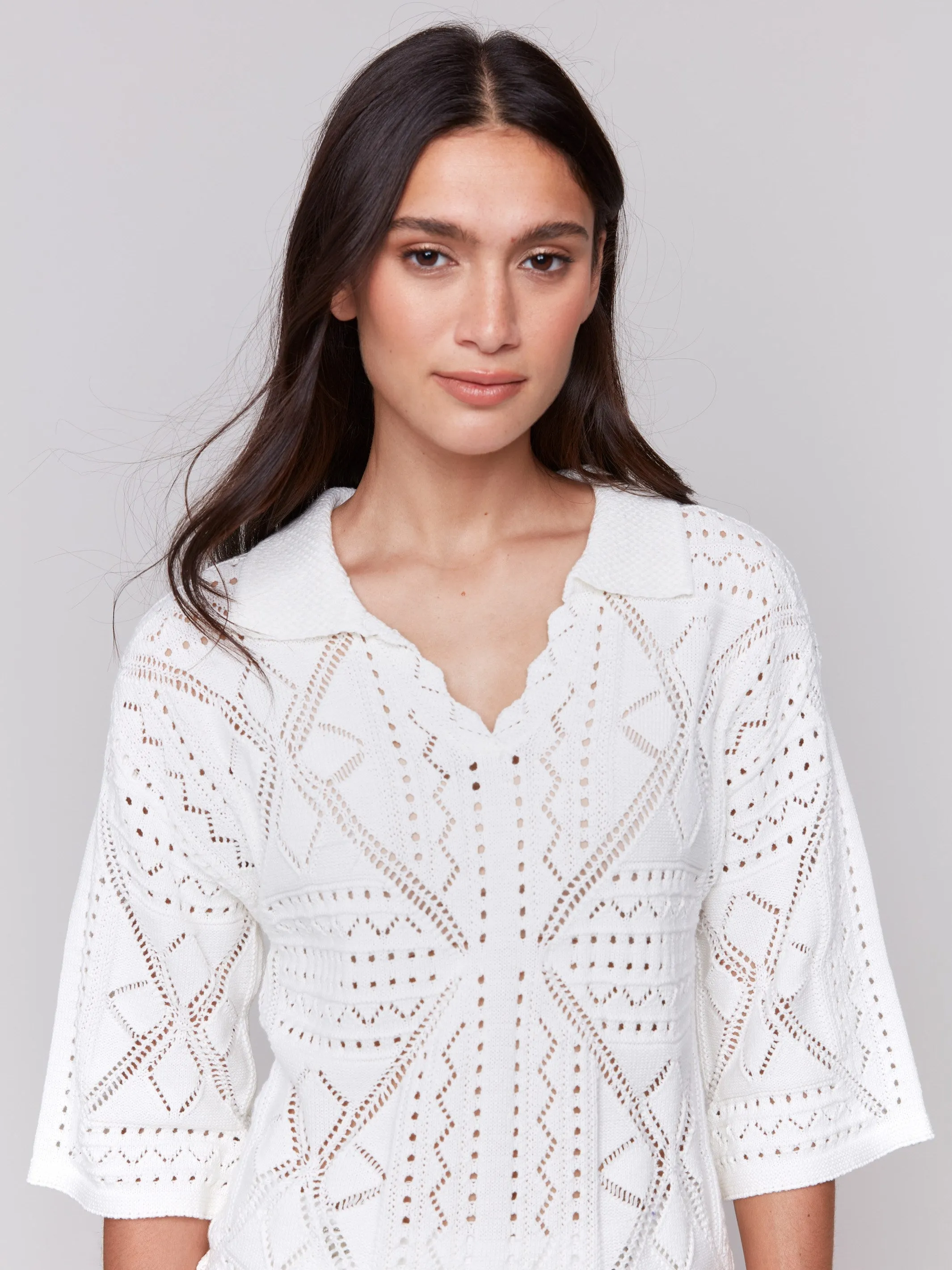 Johnny Collar Pointelle Sweater - White