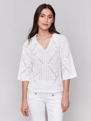 Johnny Collar Pointelle Sweater - White