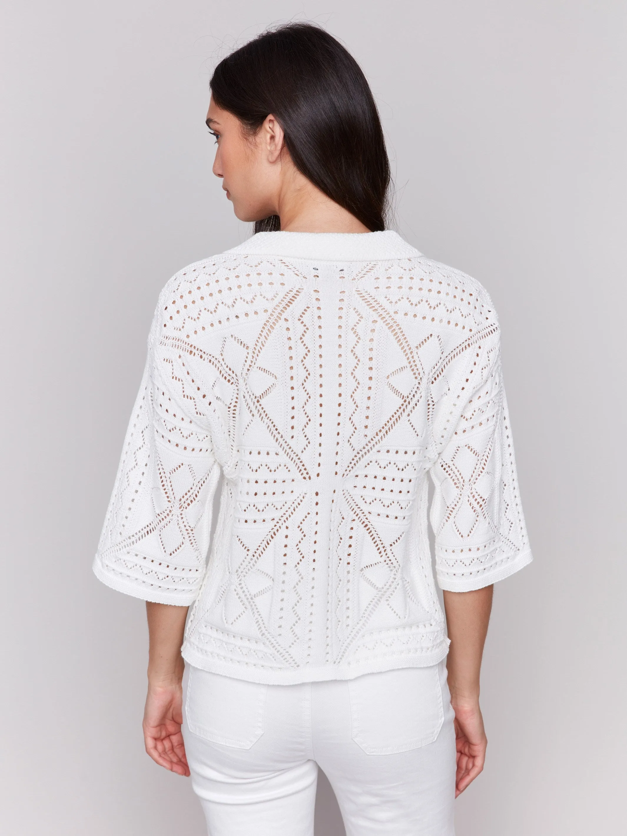 Johnny Collar Pointelle Sweater - White