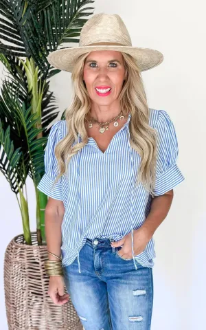 Lakeside Striped Tie-Keyhole Short Sleeve Blouse Top  - Final Sale