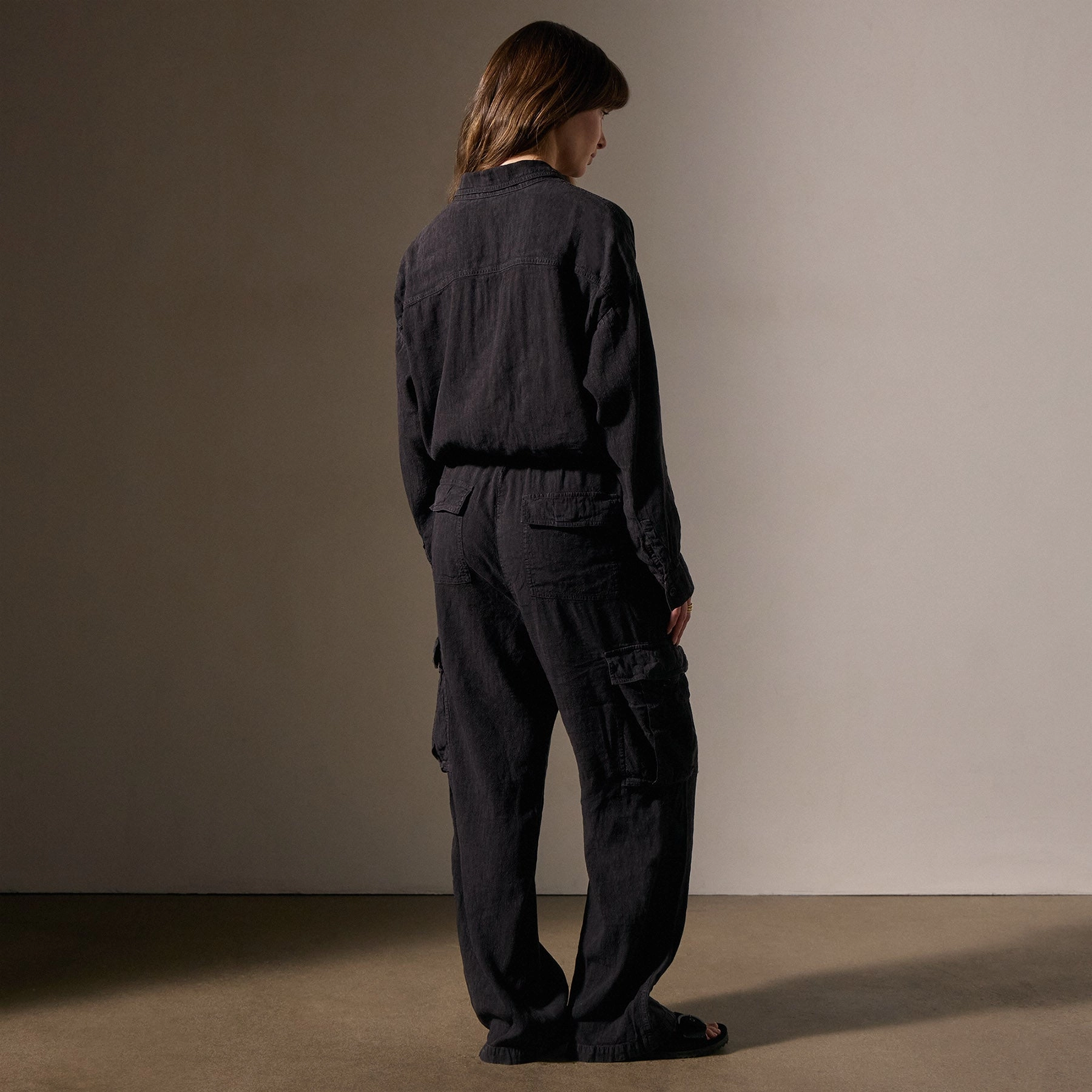 Linen Blend Cargo Jumpsuit - Black