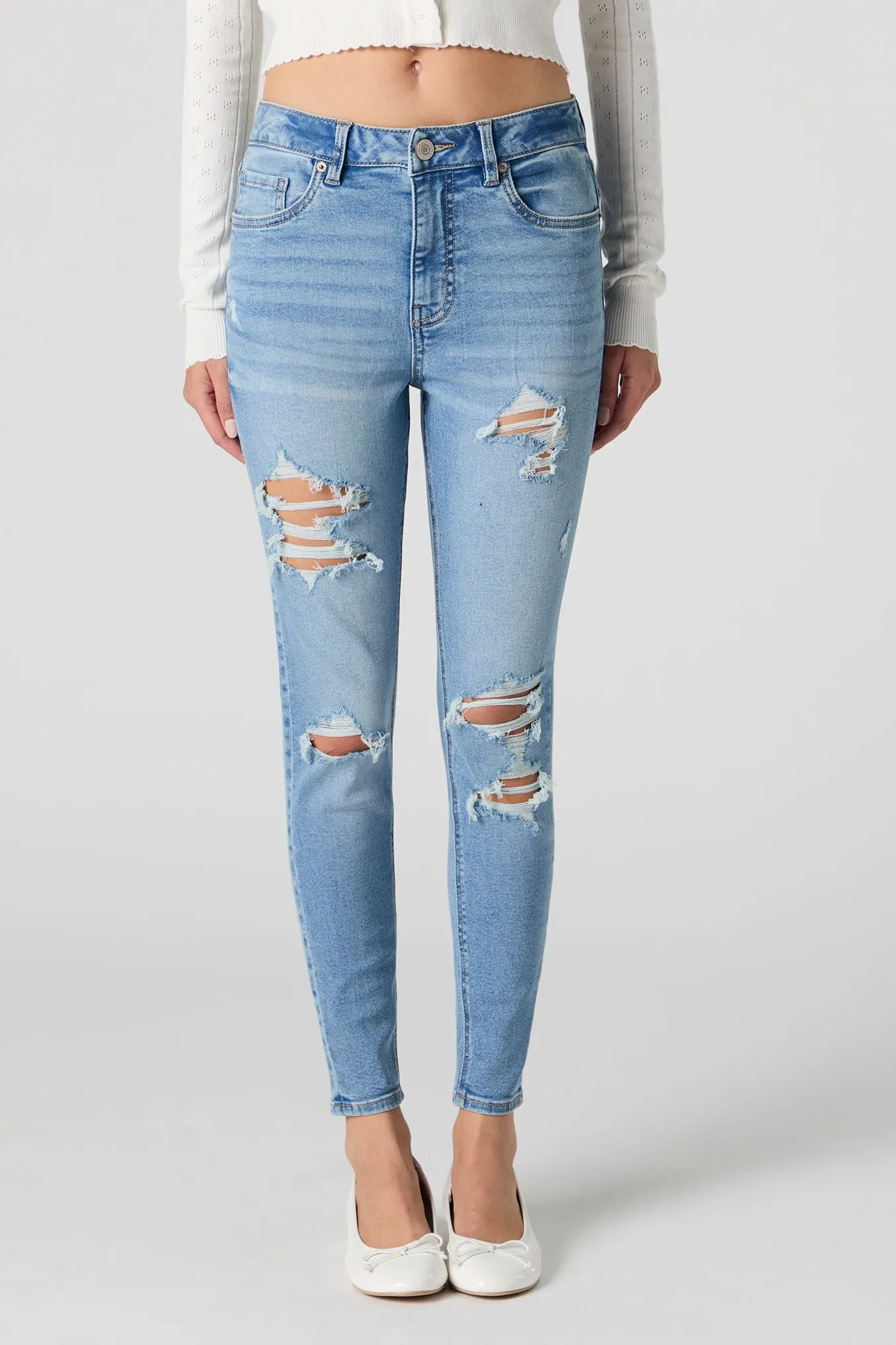 Medium Wash Distressed High Rise Skinny Jean