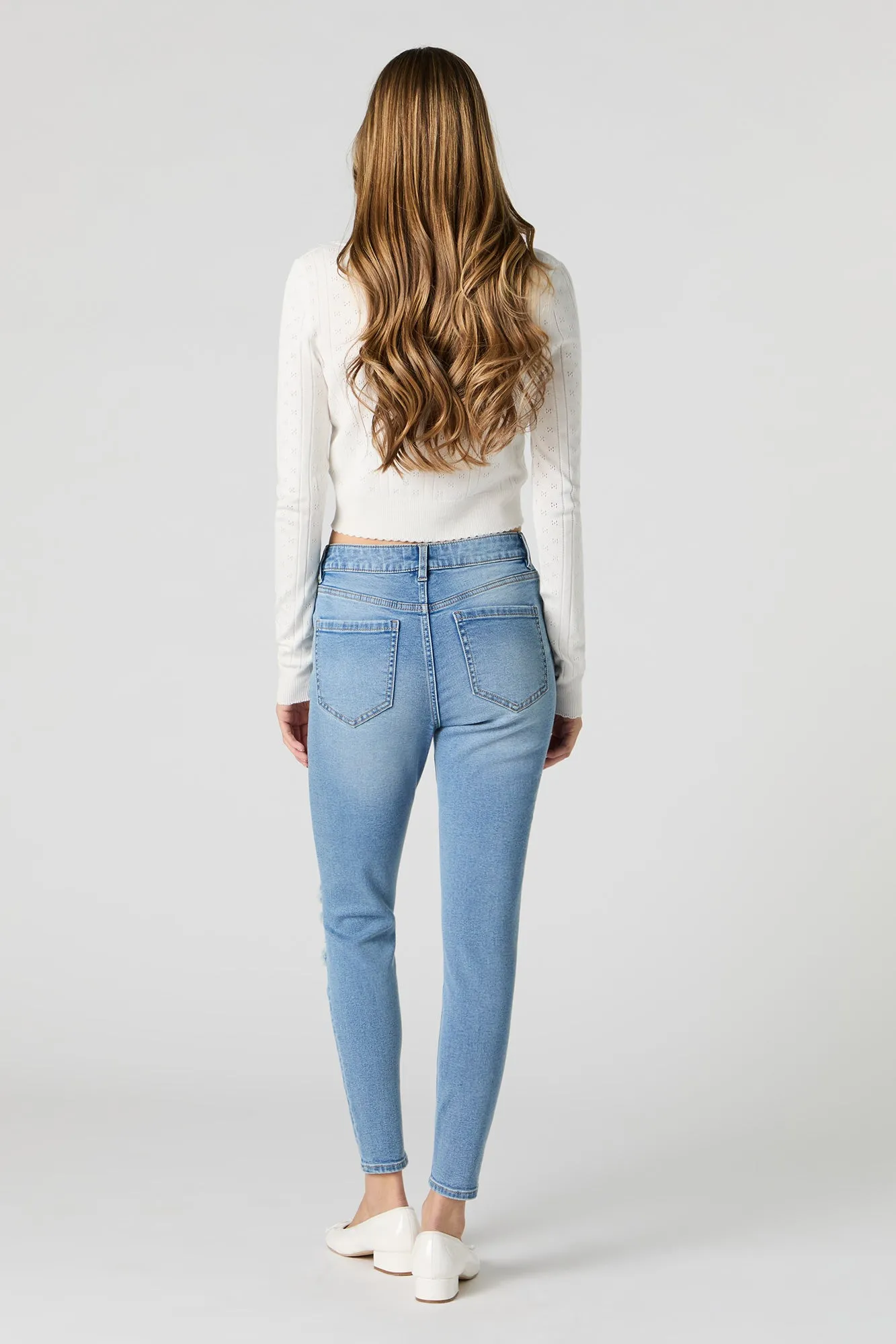 Medium Wash Distressed High Rise Skinny Jean