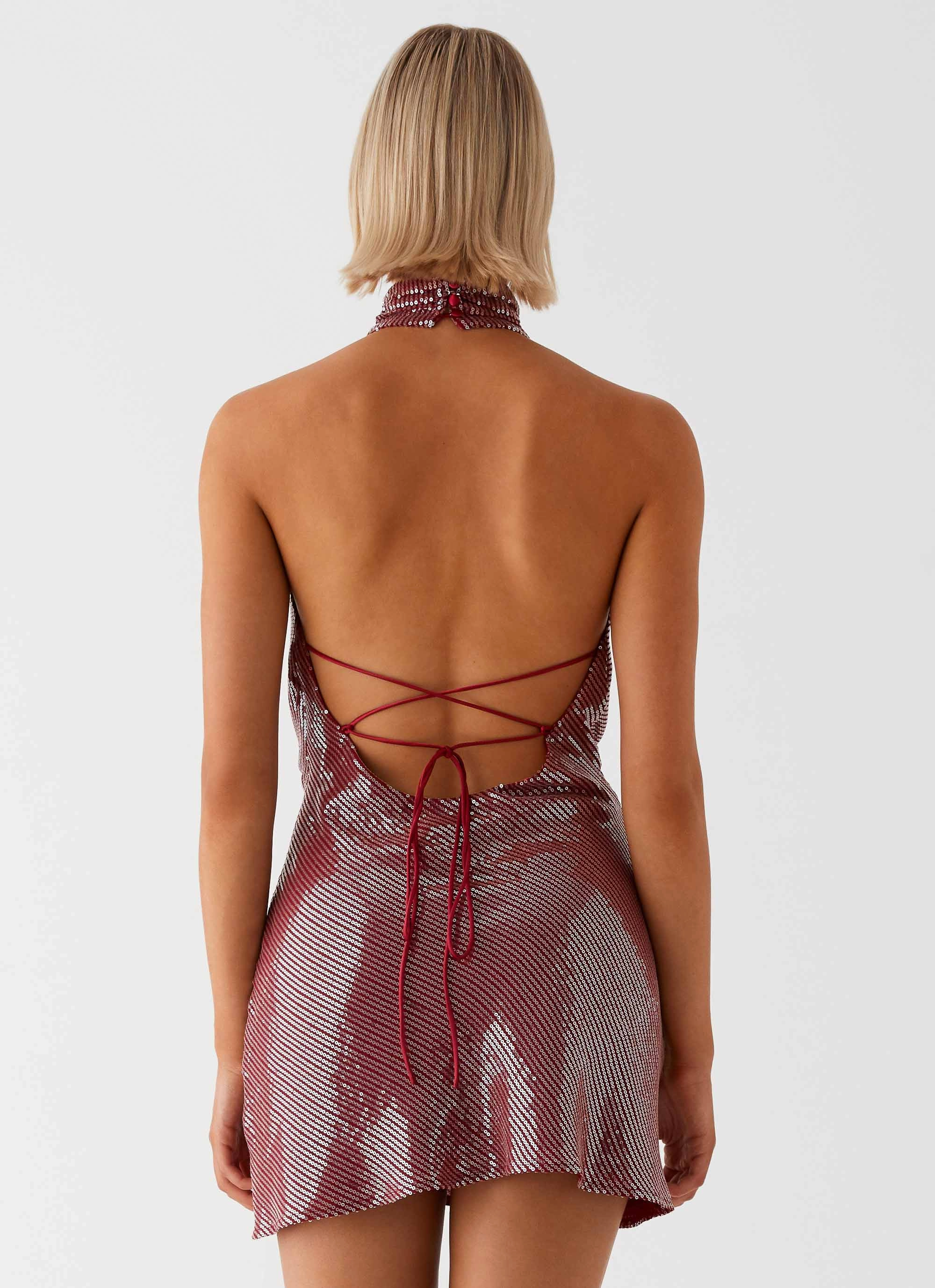 Nora Sequin Cowl Neck Mini Dress - Red