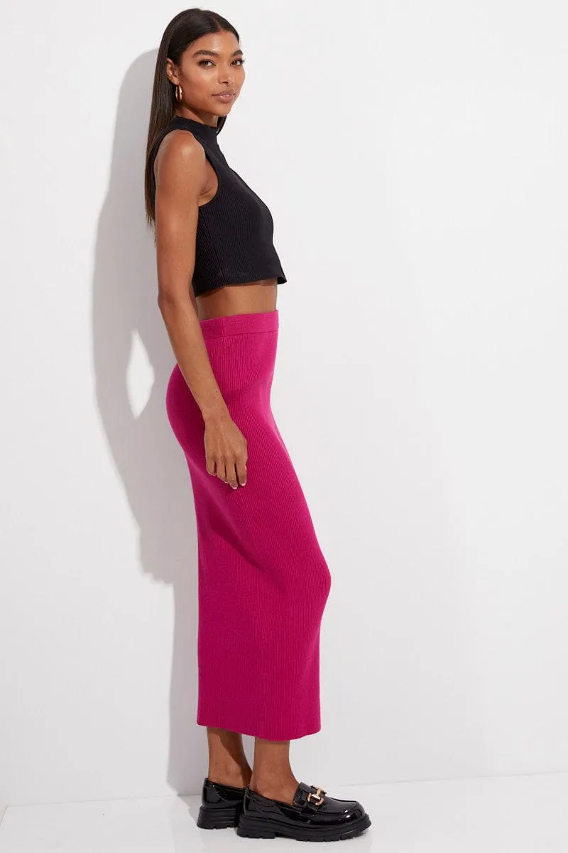 Pink Knit Skirt Midi High Rise