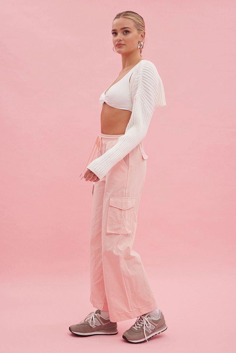 Pink Cargo Pant Wide Leg Elastic Waist Cotton Twill