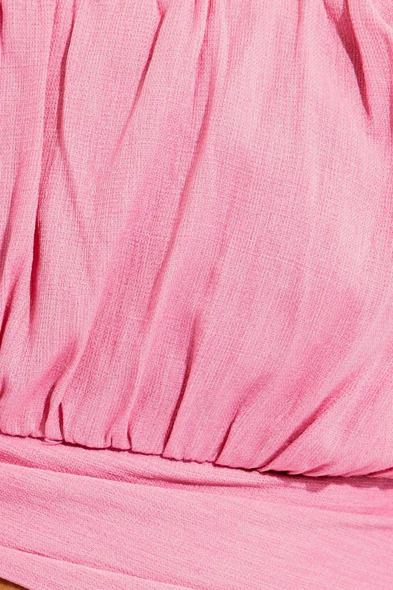 Pink Crop Top Short Sleeve Sweetheart Neckline Tie Back