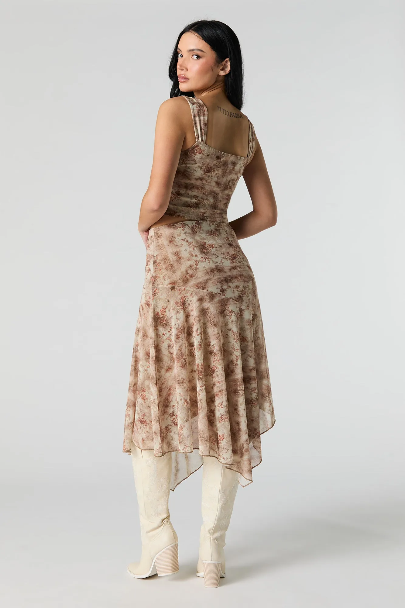 Printed Mesh Asymmetrical Midi Skirt