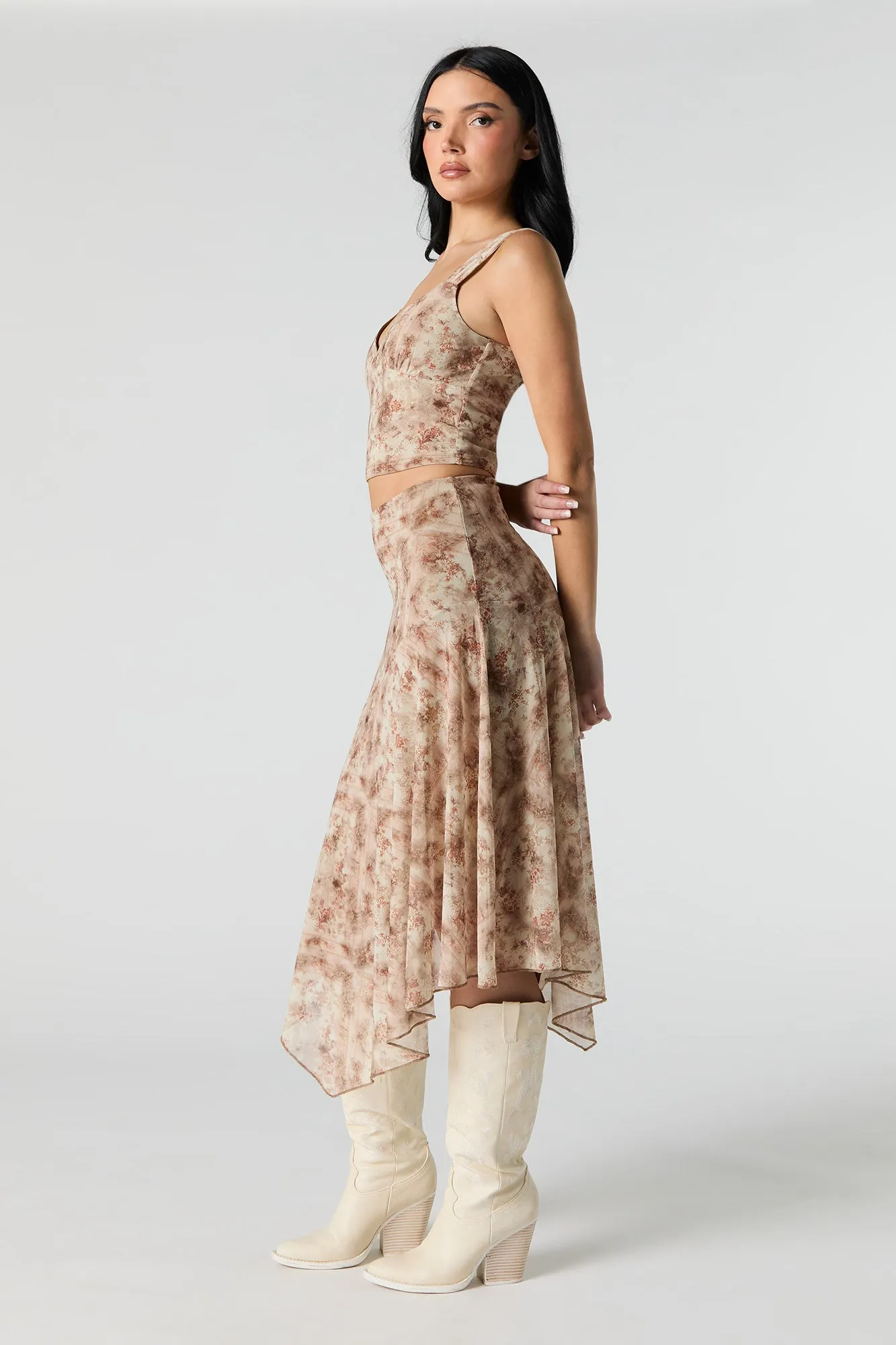 Printed Mesh Asymmetrical Midi Skirt