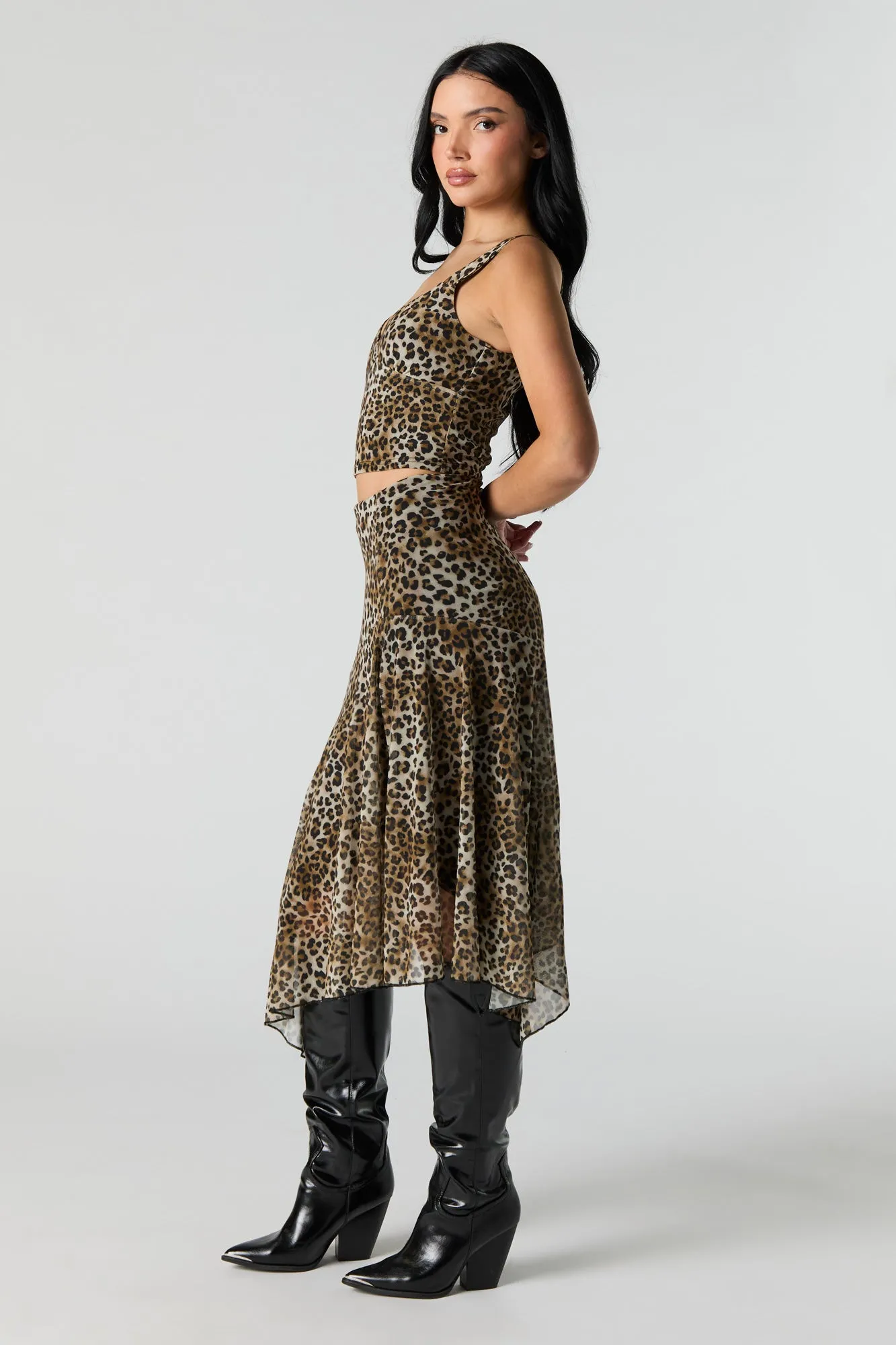 Printed Mesh Asymmetrical Midi Skirt
