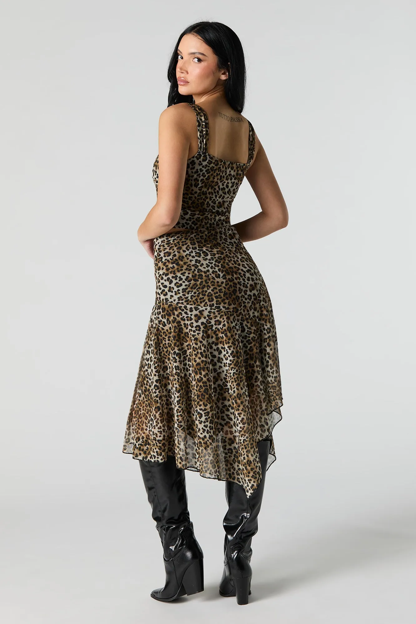 Printed Mesh Asymmetrical Midi Skirt