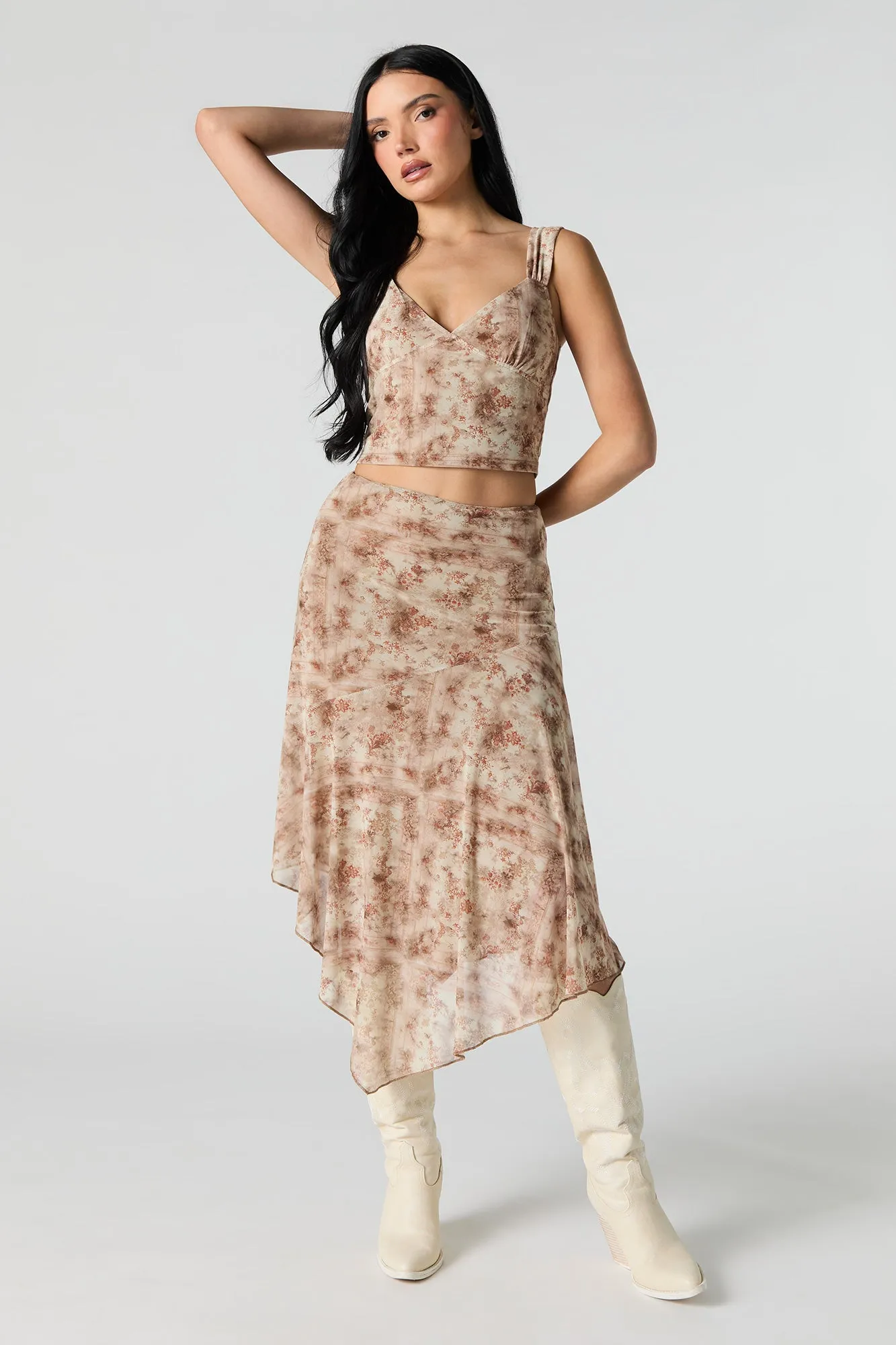 Printed Mesh Asymmetrical Midi Skirt