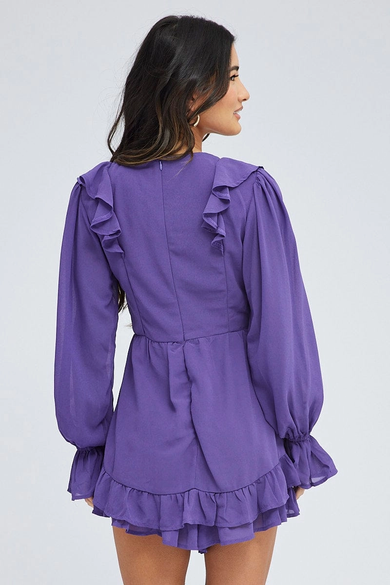 Purple Playsuit Long Sleeve V Neck Frill Poly Chiffon