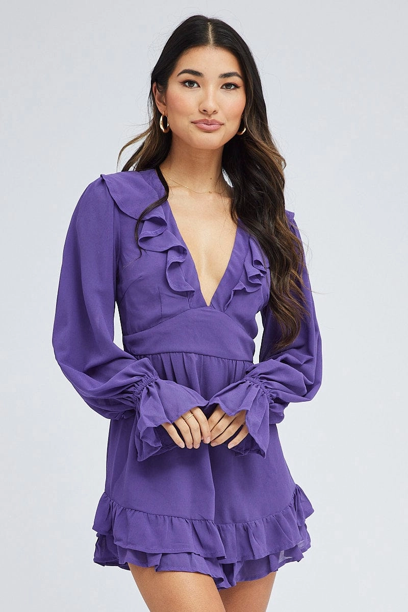 Purple Playsuit Long Sleeve V Neck Frill Poly Chiffon