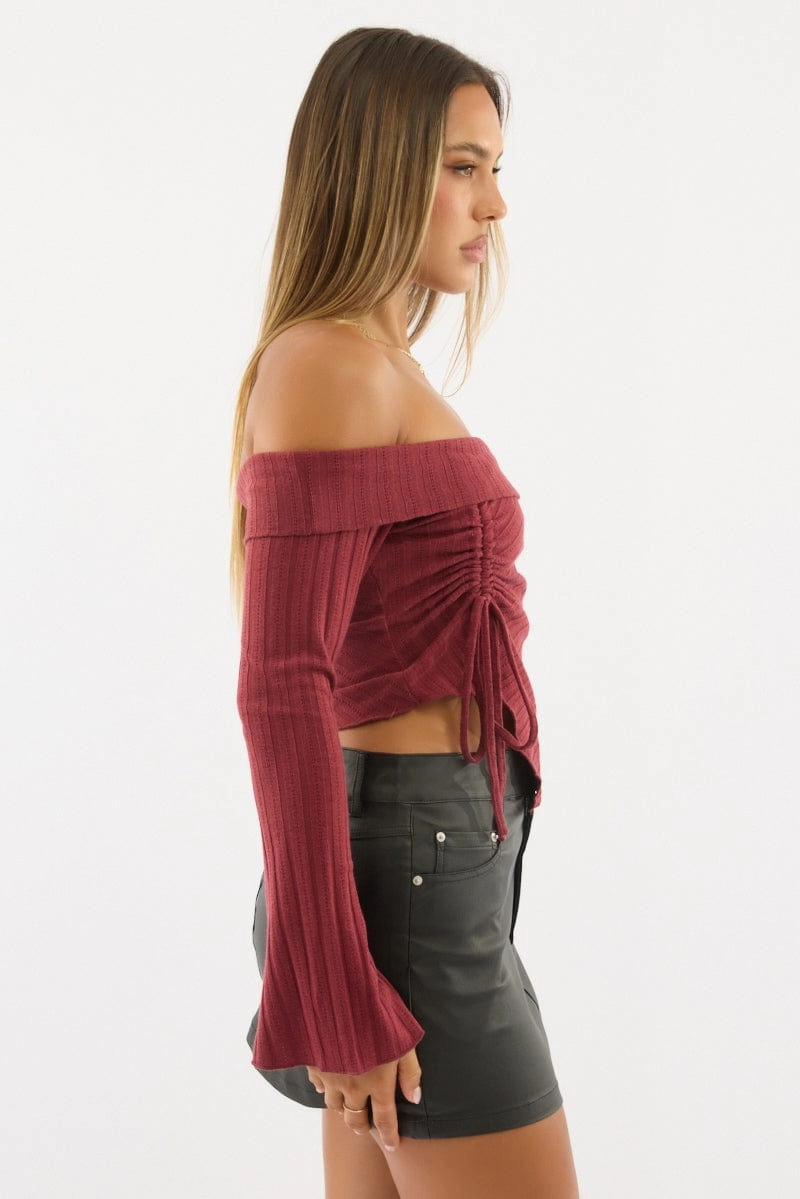 Red Off Shoulder Top Long Sleeve Ruched