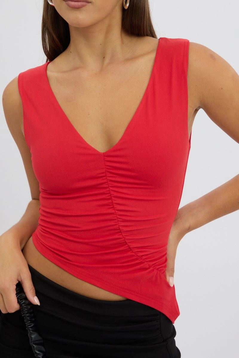 Red Sleeveless Top Asymmetric Hem