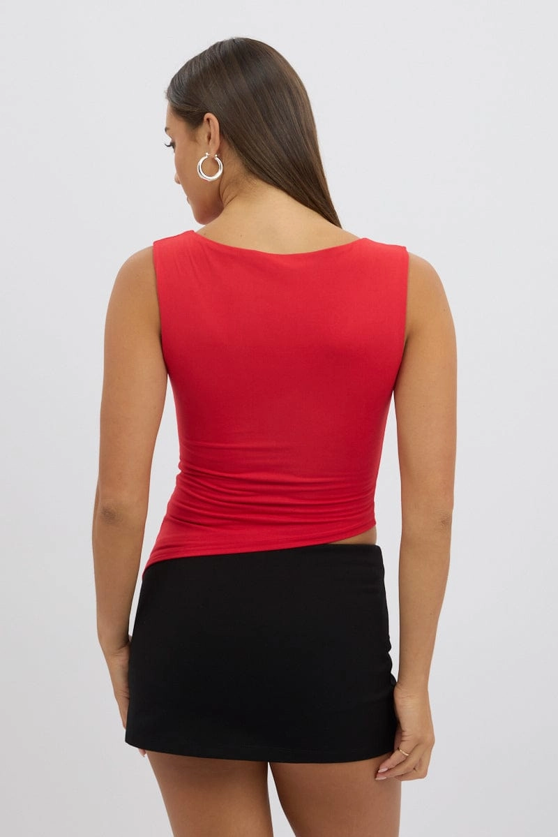 Red Sleeveless Top Asymmetric Hem