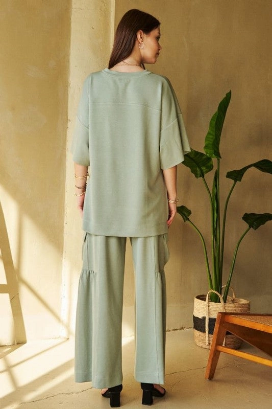 Solid Cargo Pockets Wide Open Pull On Pants