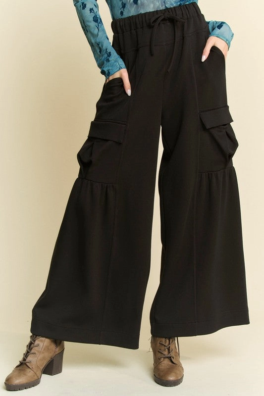 Solid Cargo Pockets Wide Open Pull On Pants