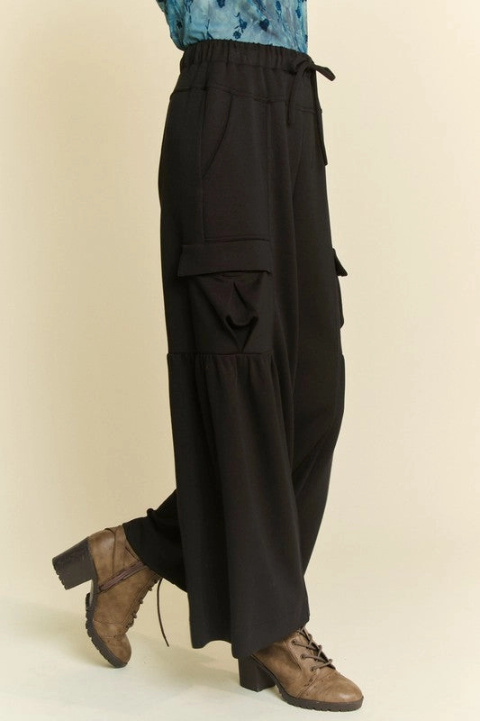 Solid Cargo Pockets Wide Open Pull On Pants