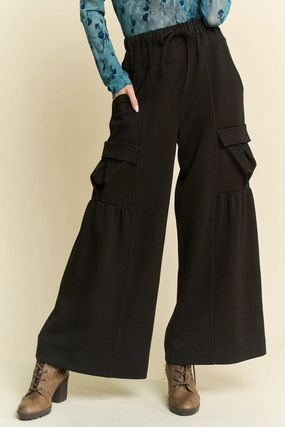 Solid Cargo Pockets Wide Open Pull On Pants