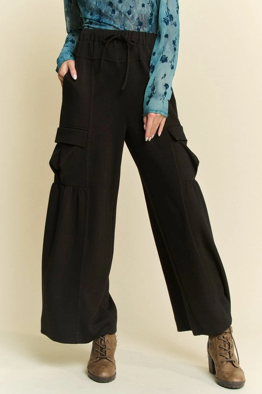 Solid Cargo Pockets Wide Open Pull On Pants
