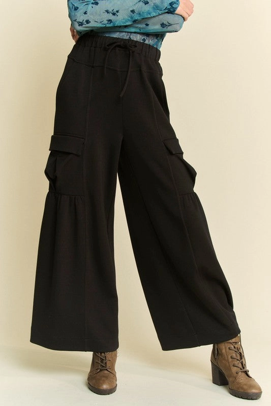 Solid Cargo Pockets Wide Open Pull On Pants