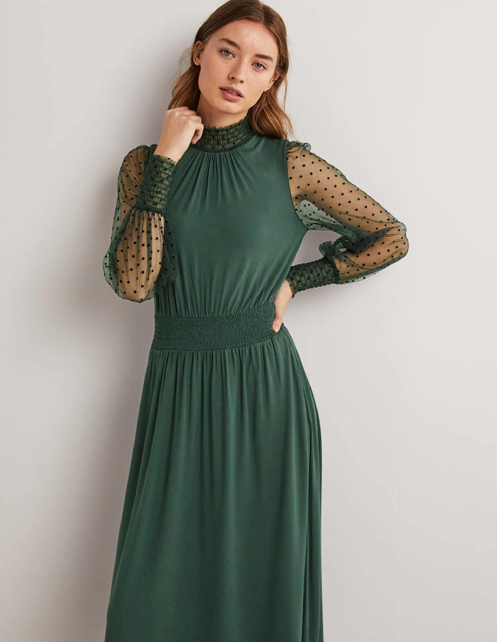 Tulle Sleeve Midi Party Dress-Onyx Green