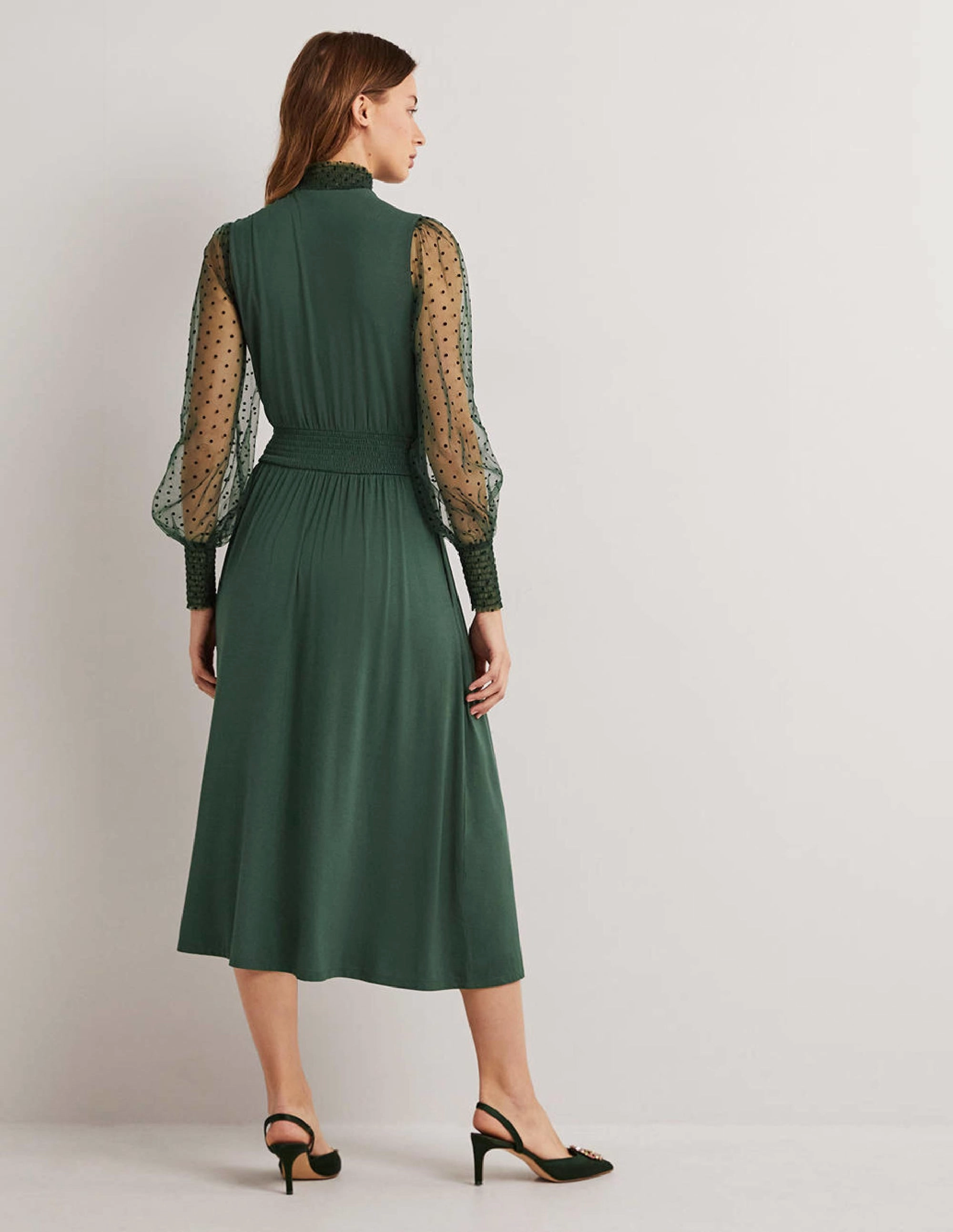 Tulle Sleeve Midi Party Dress-Onyx Green