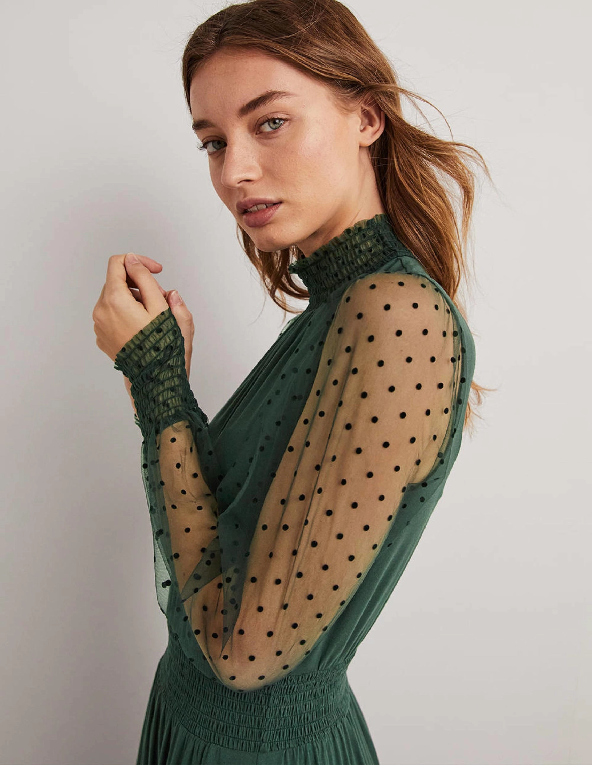 Tulle Sleeve Midi Party Dress-Onyx Green