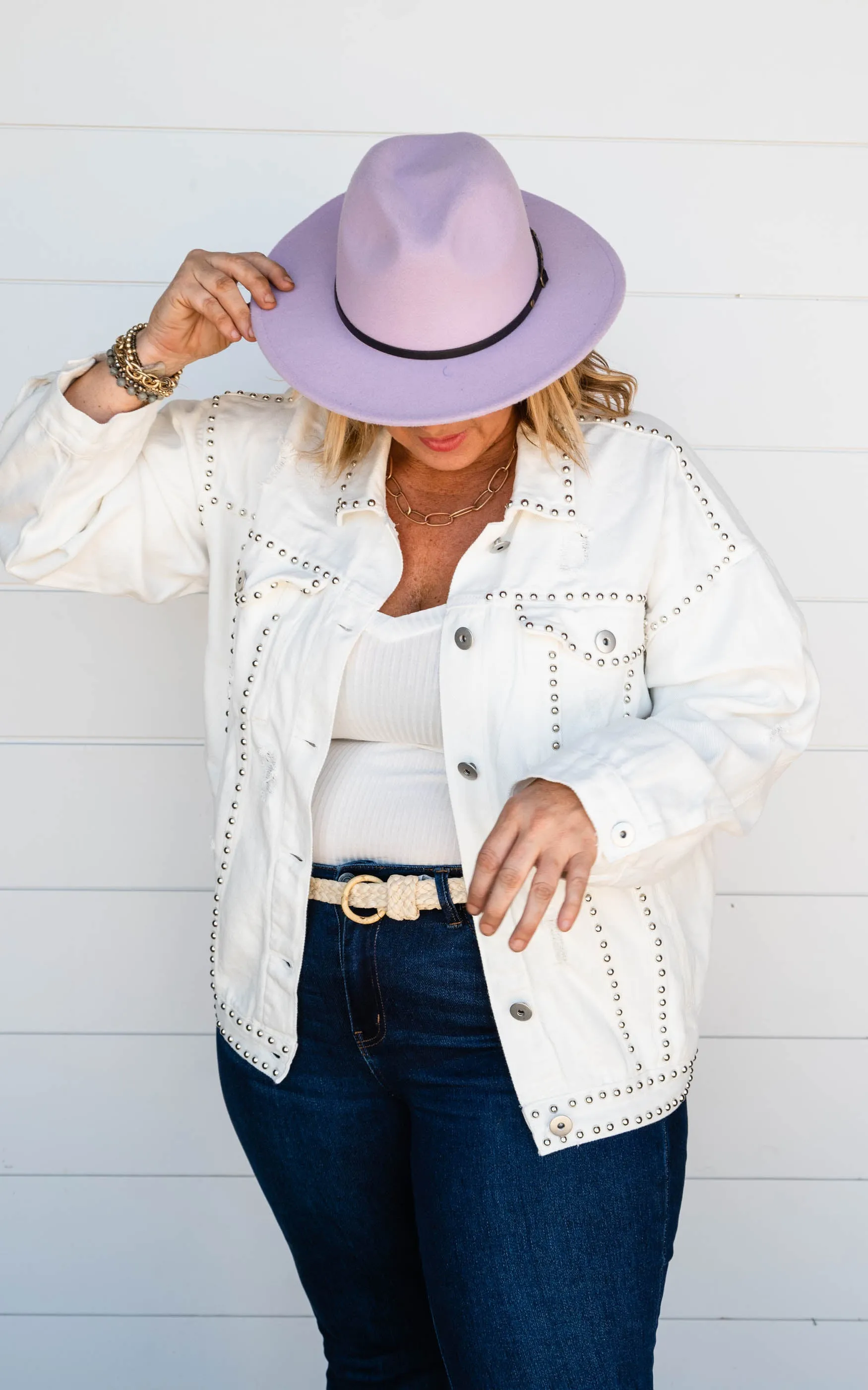 White Studded Button Up Denim Jacket