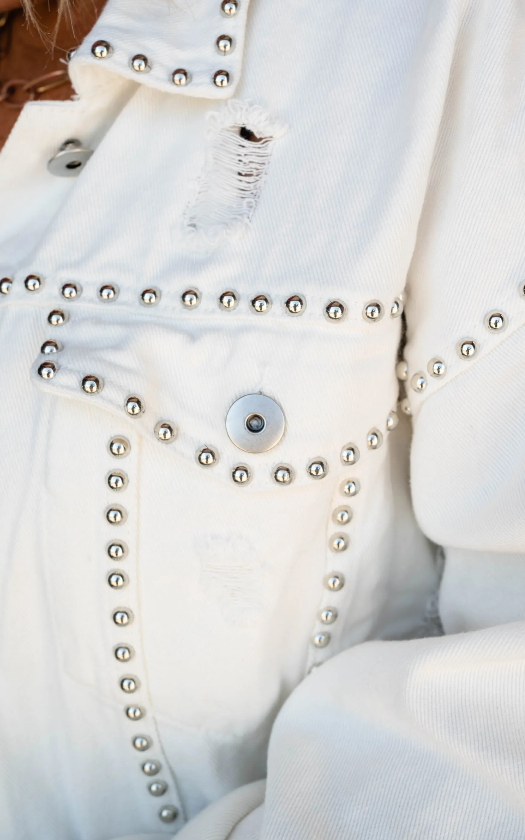 White Studded Button Up Denim Jacket
