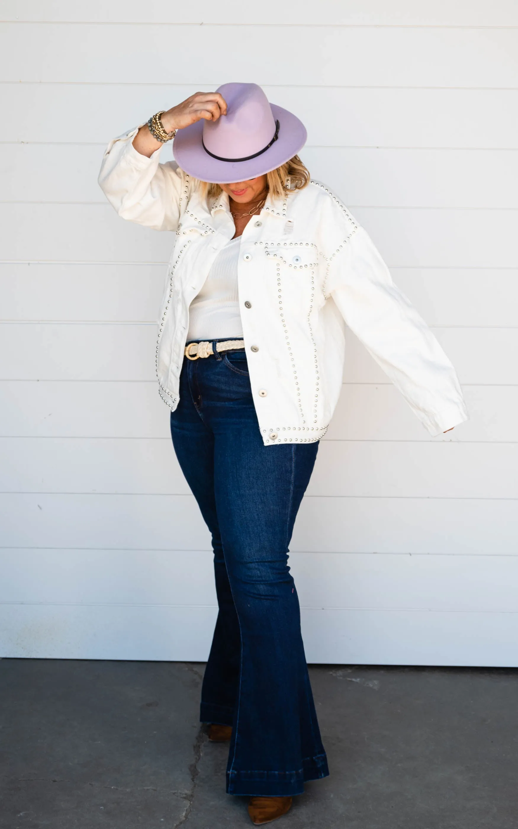 White Studded Button Up Denim Jacket