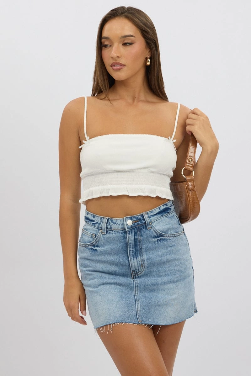 White Crop Cami Top Shirred Waist