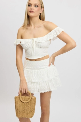 White Mini Skirt High Rise Shirred Waist Broidery Eyelet