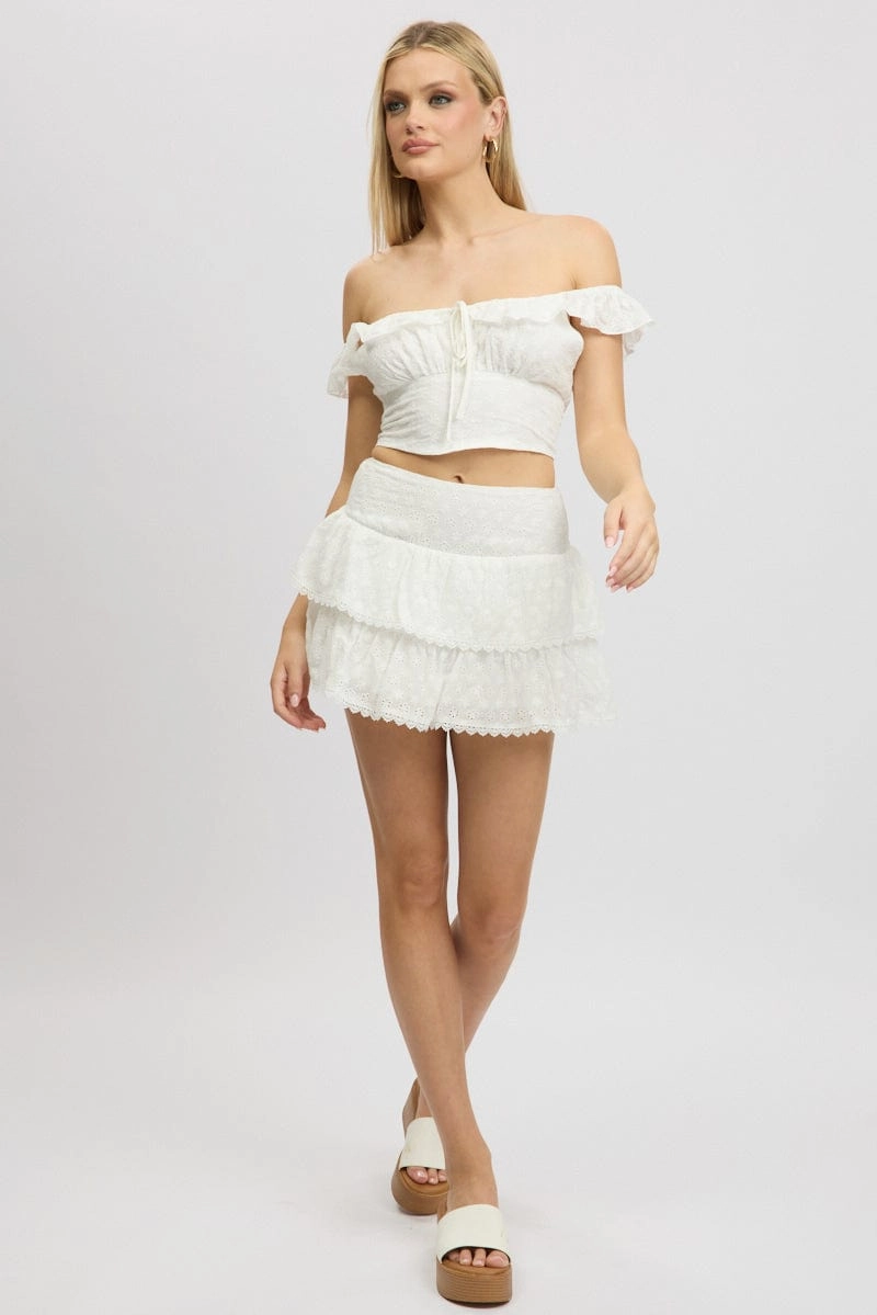 White Mini Skirt High Rise Shirred Waist Broidery Eyelet