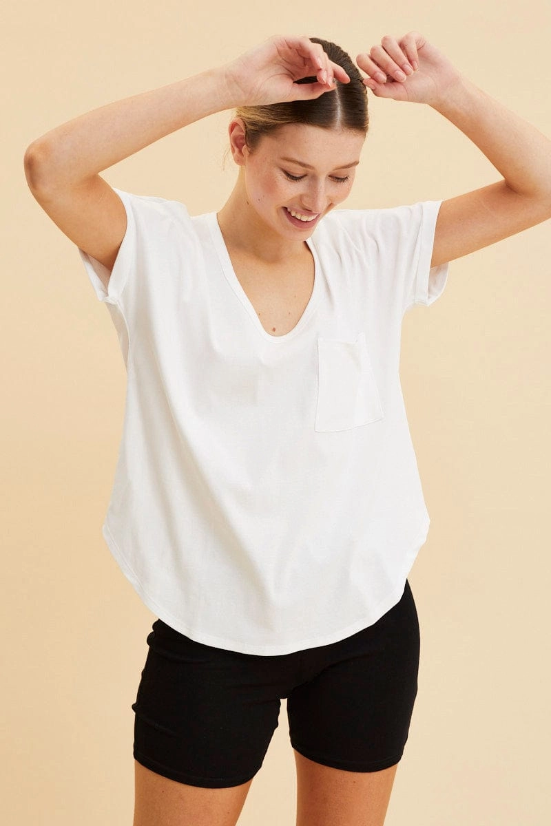 White Pocket Tee Scoop Neck Cotton Stretch Short Sleeve