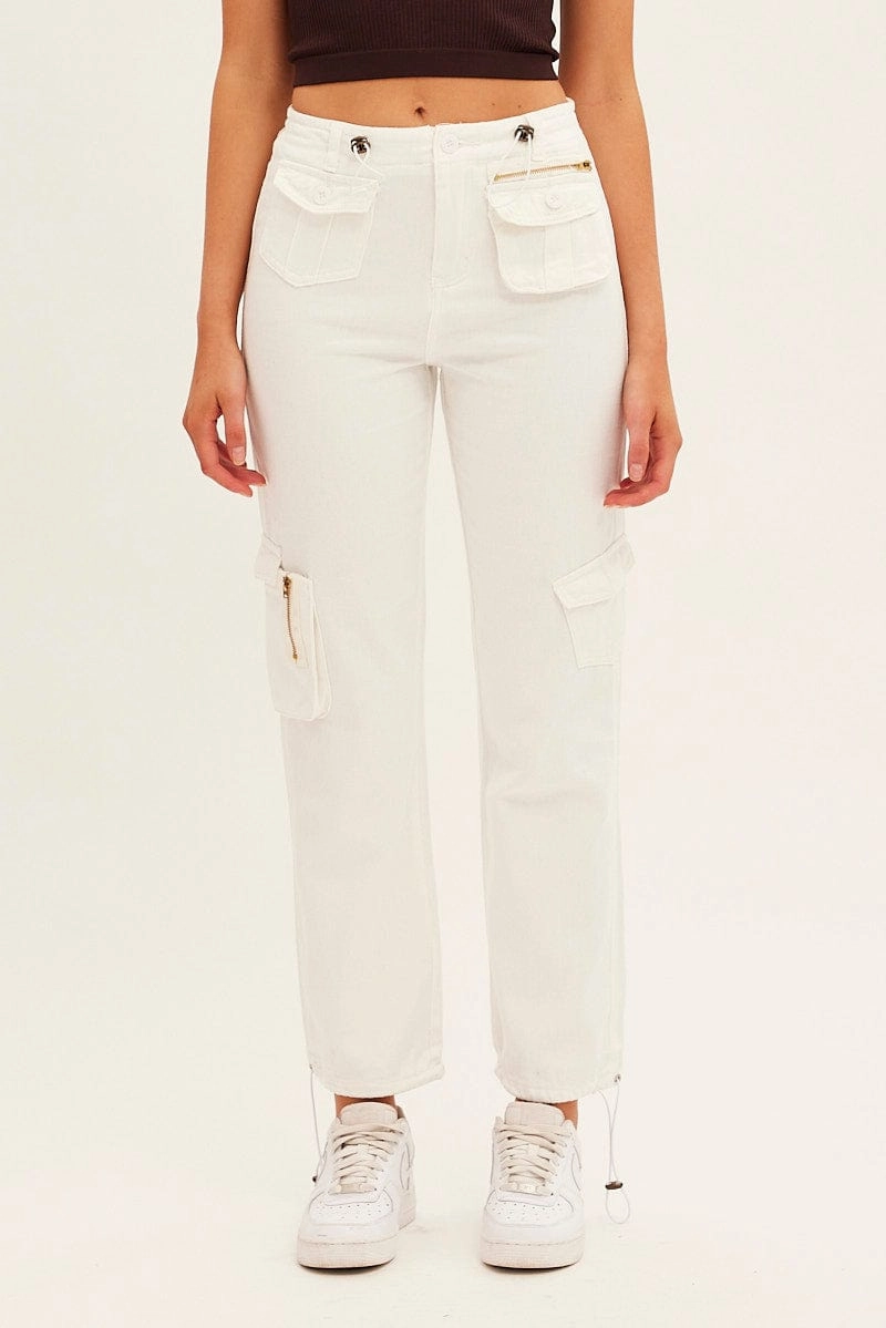 White Wide Leg Denim Cargo Pants