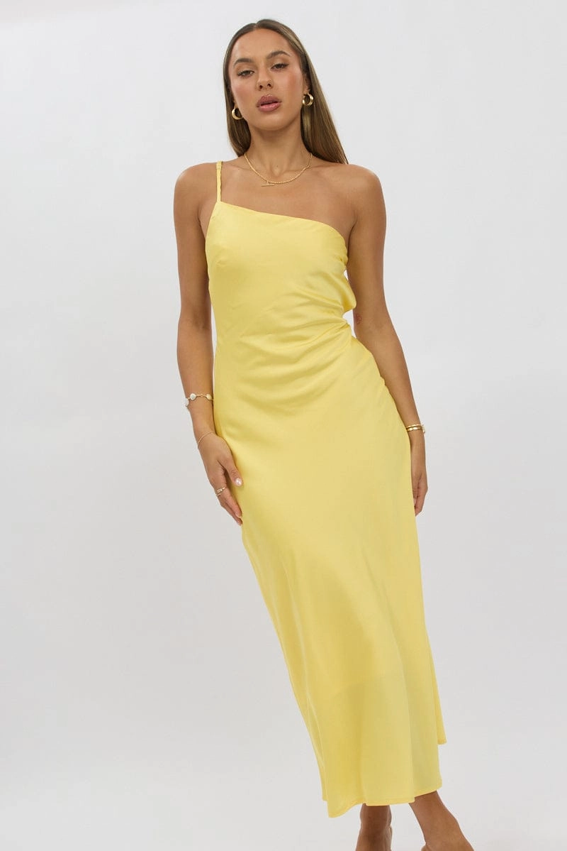 Yellow One Shoulder Dress Satin