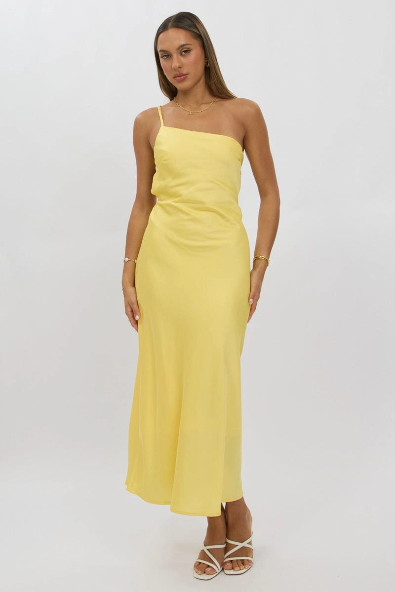 Yellow One Shoulder Dress Satin